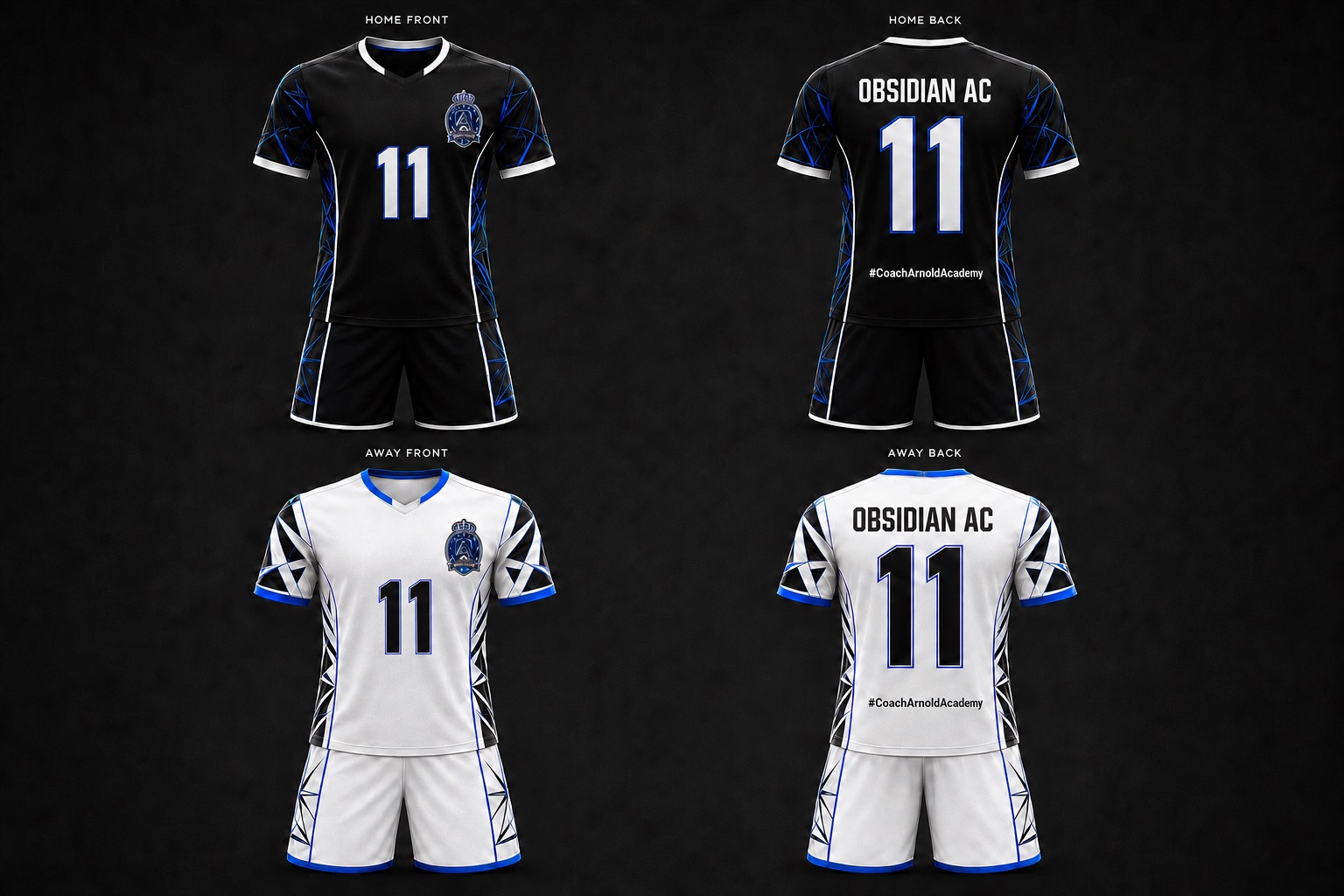 Obsidian AC match kit. Top row: black home shirt and shorts, front and back. Bottom row: white away shirt and shorts, front and back. Each shirt carries the club crest on the chest, the squad number, and OBSIDIAN AC above the number on the back.